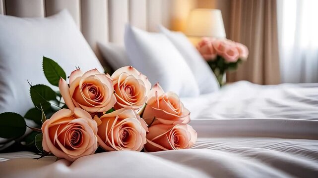 Peach rose bouquet on white hotel bed &ndash; romantic wedding, anniversary, Valentine's Day, bedroom surprise, proposal or honeymoon decor.