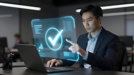 Fototapeta premium Man in suit interacting with virtual interface on laptop in modern office environment