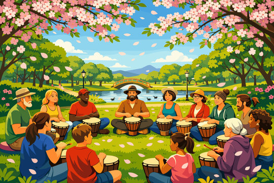 Drummers gather in the park under blooming trees by the lake during a warm afternoon in spring