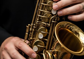 Obraz premium Close up of hands skillfully playing a vintage golden saxophone instrument