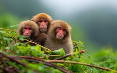 Naklejka premium Three Primates Huddled Together in a Foggy Forest During Early Morning