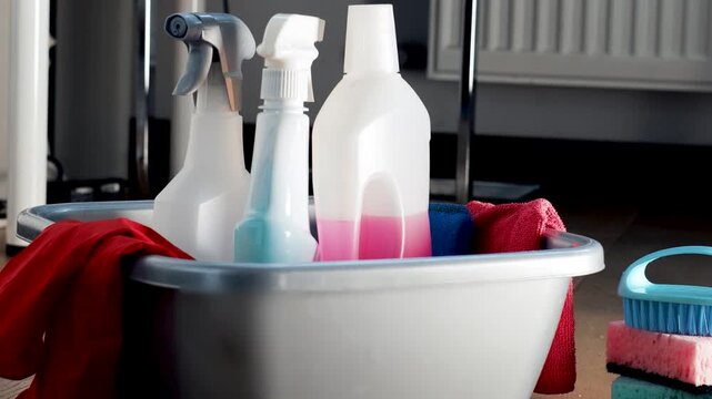 Chores. Desinfectants,detergents,sanitary bottles closeup, housework, house cleaning, wash supplies.