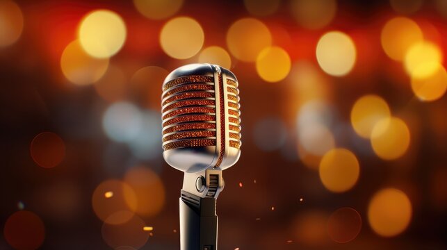 Vintage silver microphone on stage, classic retro vocal mic with warm bokeh lights, professional music equipment for jazz performance or podcasting isolated PNG with Transparent Background