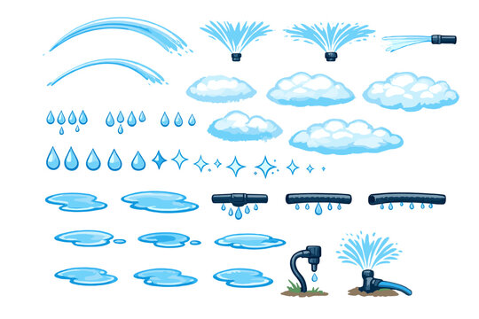 Water elements shown in various styles including droplets, splashes, and clouds used for design and illustration