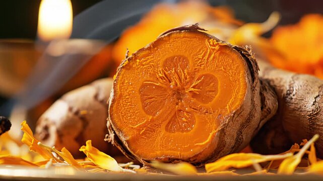 Close up of a vibrant sliced turmeric root with golden yellow flesh emitting gentle smoke from a nearby candle, surrounded by bright orange marigold petals and a blurred oil lamp in a warm ambient
