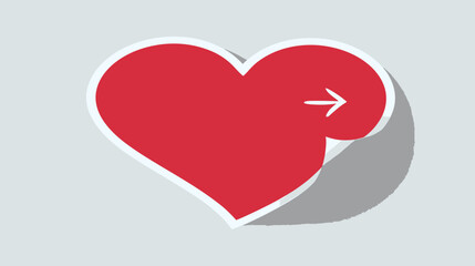 A red heart with an arrow on a sticker with a slight curl and a shadow, on a light gray background