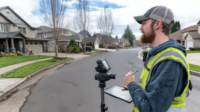 Medium shot of a surveyor using a GPS device to map detailed property boundaries in a quiet suburban neighborhood with houses and green lawns.