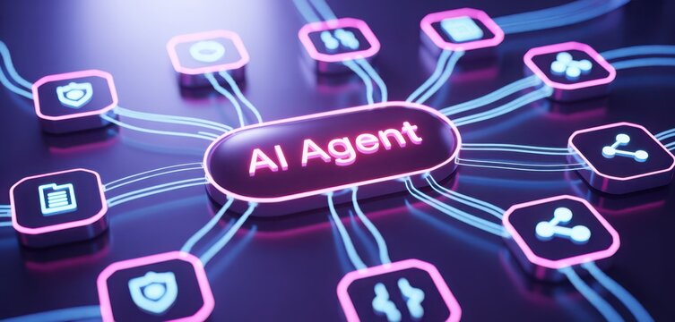 A central AI Agent node connects various functional icons representing digital services.
