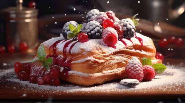 Gourmet puff pastry dessert with fresh berries and powdered sugar, flaky golden croissant tart with raspberries and blackberries, elegant bakery food photography isolated PNG with Transparent