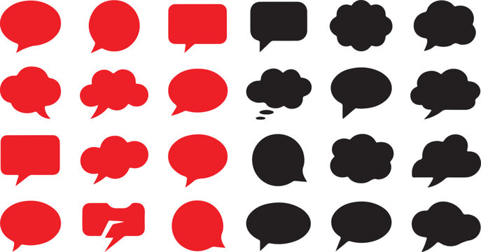 A wide variety of red and black speech bubbles with different shapes on a white background