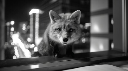 Fototapeta premium Fox Looking Through Urban Window at Night in Black and White Photography
