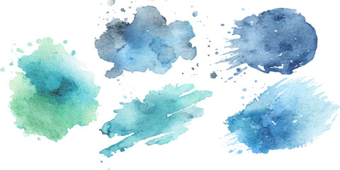 Blue and green watercolor paint splashes set, isolated hand painted ink blotches on white, artistic design elements © Jharna Akter