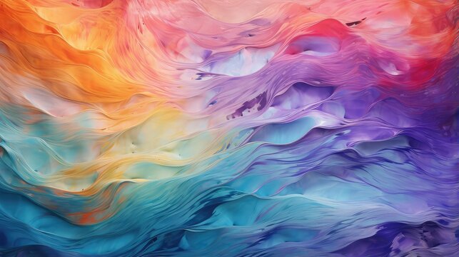 An abstract colorful watercolor painting featuring soft purple and pink rainbow textures with fluffy feather patterns on light silk fabric material