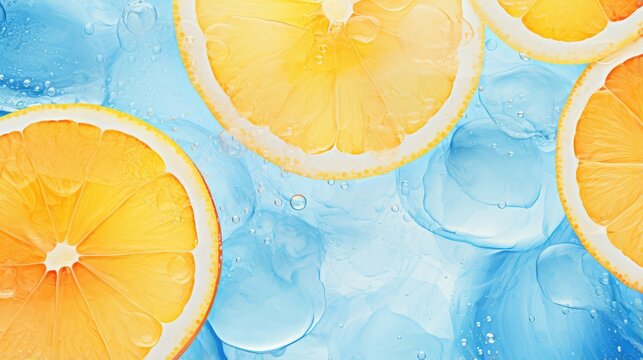 Fresh orange juice with a ripe citrus slice on a blue background creates a healthy, juicy drink full of vitamin C and natural freshness