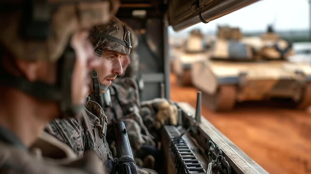 Peering out through rifle rack inside mobile command unit, faceless soldiers marching in formation, defocused red clay training field, tanks parked background, tactical
