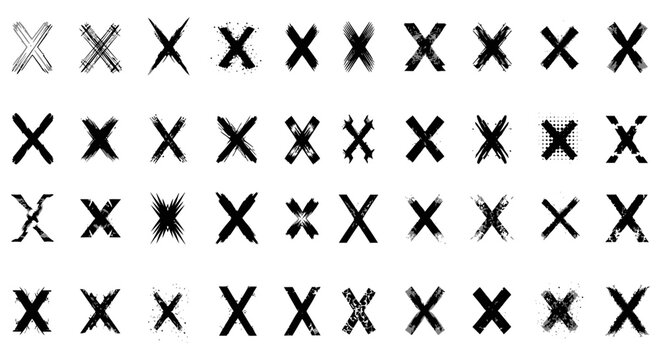 diverse grunge x marks in various brushstroke and distressed textures ideal for graphic design elements error and cancellation symbols.