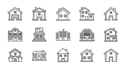 set of diverse building icons and house vectors illustrating residential and commercial architecture in a simple line art style.