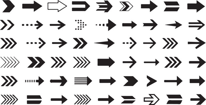 A vast array of black arrow symbols pointing right for diverse directional and navigational purposes