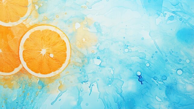 A fresh ripe orange slice falling into blue water with a splashing wave and bubbles, creating a healthy citrus fruit drop isolated on white