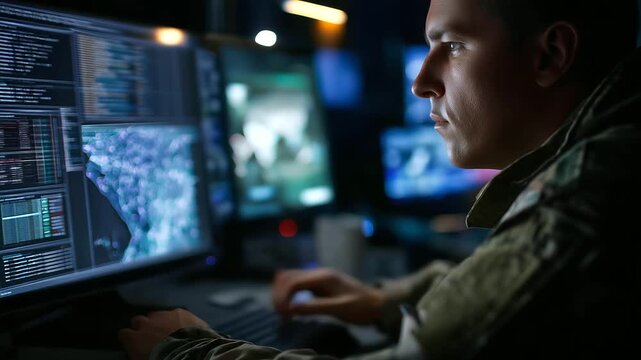 Portrait faceless soldier in camouflage illuminated by glow of multiple monitors, defocused showing cryptic code and strategic plans, satellite scans, fusion of human and