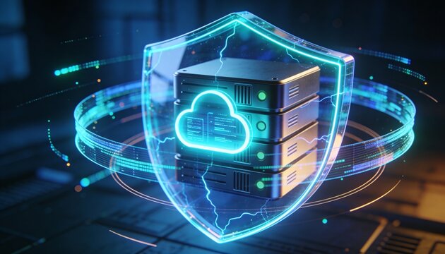 Secure cloud storage protected by digital shield and encrypted data streams, cybersecurity protection for online backup systems and modern cloud computing infrastructure