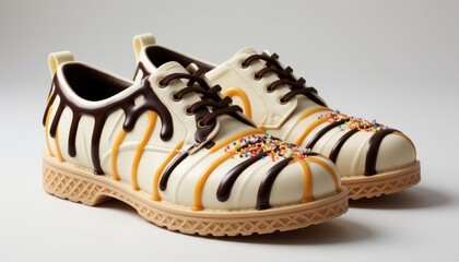 These colorful shoes feature a design that resembles dessert. The shoes showcase a mix of white, brown, and colorful details, making them visually striking.