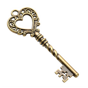 Vintage gold heart-shaped key with ornate details isolated on transparent background
