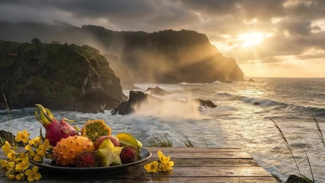 Exotic tropical fruits arranged on a rustic wooden table overlooking a dramatic ocean sunset landscape