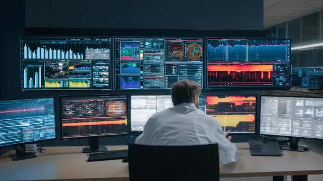 Medium shot of a technician analyzing AIdriven system monitoring data on multiple screens ensuring robust cybersecurity in a hightech control room environment.