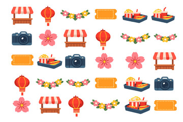 Naklejka premium Set of colorful icons featuring markets, food, flowers, and decorations for a festive event