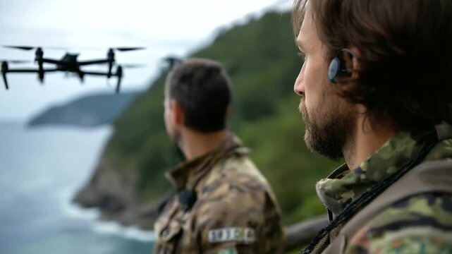 Wide shot military drones in formation above coastline, faceless uniformed officers on cliffside command post, defocused communicating through headsets, aerial coordination, with