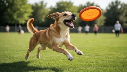 A dog is leaping to catch a frisbee in a sunny park setting. The dog looks energetic and playful as it enjoys the game of frisbee with its owner.