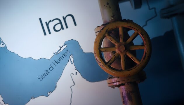 Industrial valve on a pipe superimposed over a map of Iran and the Strait of Hormuz, symbolizing global energy politics and international tension