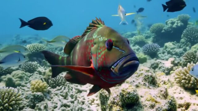 Colorful reef fish swim in clear blue ocean water among coral.