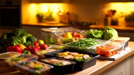 Obraz premium Evening Kitchen Scene with Warm Lighting and Prepared Food Containers