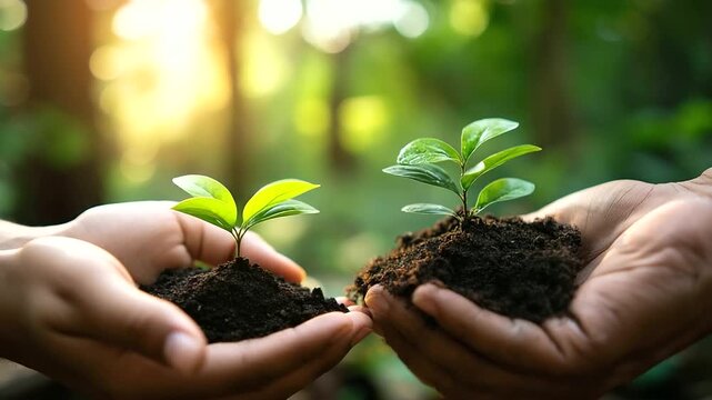 Close-up faceless hand holding sapling with rich soil, defocused lush green forest setting, warm sunlight bathing, growth sustainability and environmental conservation,