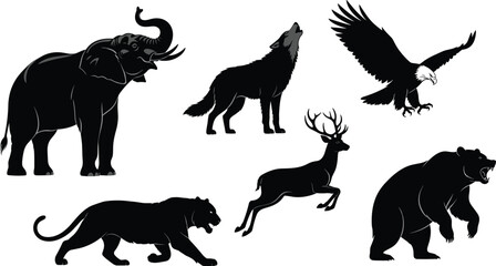 Naklejka premium Wild animal silhouette collection featuring elephant, wolf, eagle, deer, bear and panther in detailed black wildlife style, flat vector illustration