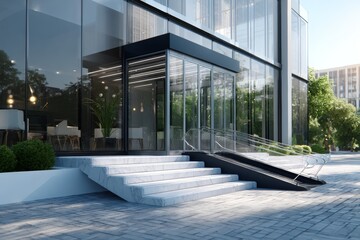 Fototapeta premium Modern Office Entrance Features Wheelchair Ramp and Automatic Glass Doors With Clean Urban Design in a Busy Area