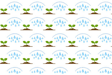 Growing plants under rainfall with water droplets in a repeating pattern on white background