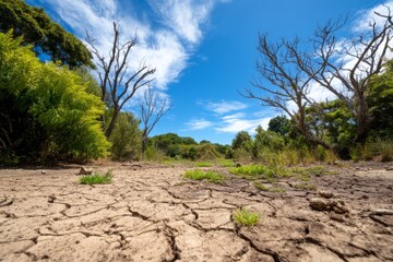 Cracked Soil in Forest Area Under Clear Blue Sky with Dry Vegetation