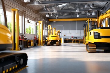 Naklejka premium Bright Construction Vehicle Repair Shop with Heavy Equipment at Midday