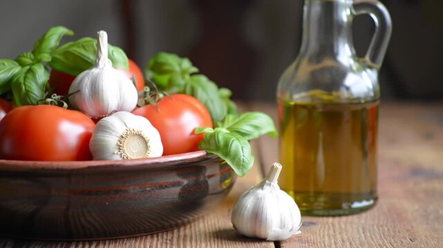 Fresh tomatoes, garlic, basil, and olive oil form a rustic culinary arrangement.