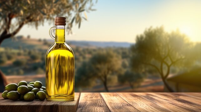 A healthy Mediterranean still life featuring a glass bottle of wine and fresh organic olive oil as essential cooking ingredients for a vegetarian salad