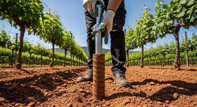 Vineyard worker using soil probe for agricultural testing in sun drenched vineyard rows detailed earth sample collection