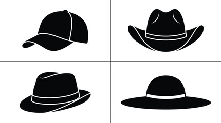 Set of hat silhouettes including baseball cap, cowboy hat, fedora and wide brim hat, black flat vector icons isolated on white background