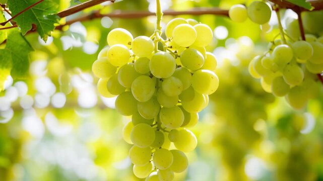 Close-up white grape cluster hanging on blurred green vineyards background. Grape farm. Plantation of grown fruits for juice, wine production. Ripe grape vine bunch on branch. Juicy fresh big Vitis.