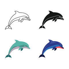 Obraz premium Four artistic depictions of dolphins in varying styles and colors