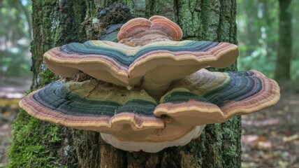 Fototapeta premium Beautiful multi-colored fungi with distinct rings adorns a mossy tree trunk.
