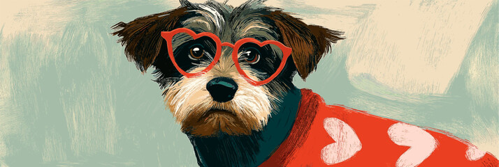 Doodle dog wearing a red heart sweater with heart-shaped glasses. Dog wearing red heart sweater and glasses for Valentine