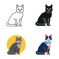 Fototapeta premium Four stylized cats in different poses and designs illustrated with simple lines and colors
